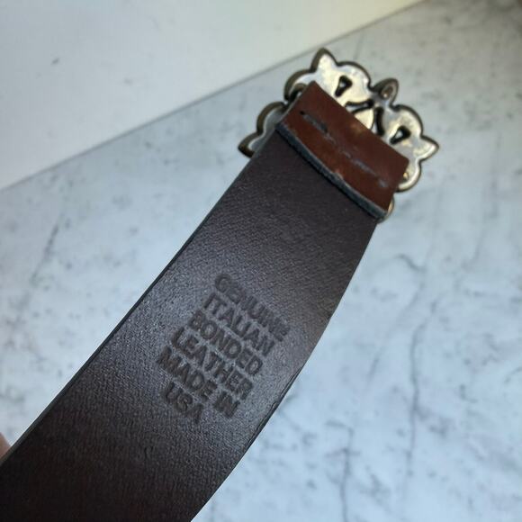 Y2K Brown Leather Belt Floral Rhinestone Buckle Blue Green Western Boho USA Made main image 10